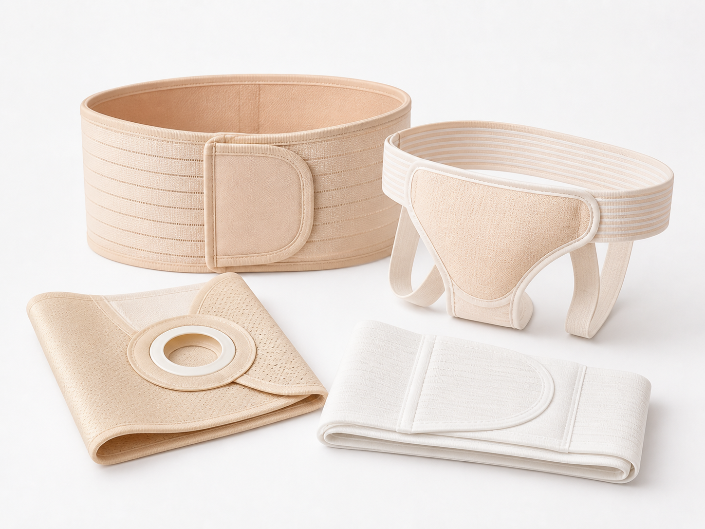Ostomy belts and support garments arranged on a clean white background