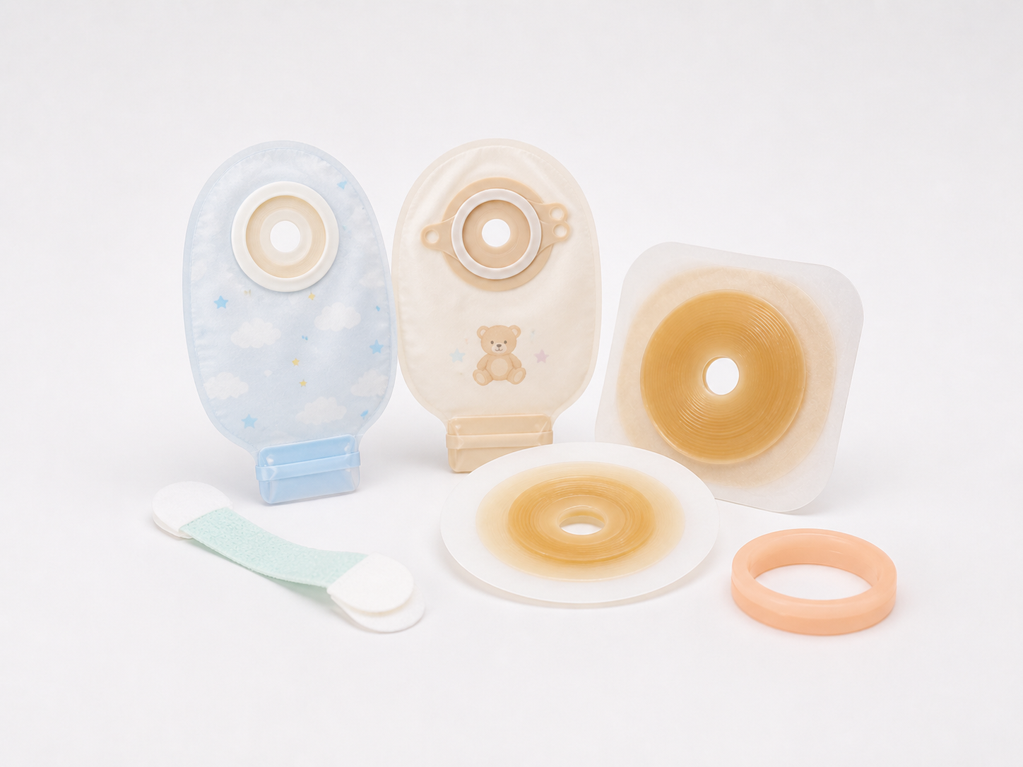 Pediatric ostomy products arranged with soft child-friendly colours